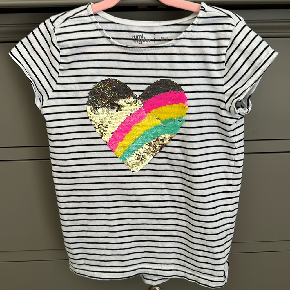 Trendy Striped Sequin Heart Tee - Size 8-10